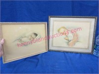 2 old framed baby prints - cute