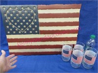 home & interior plastic flag sign & 4 glasses