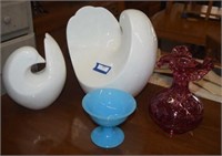 Vtg Ruffled Glass Vase, Two Ceramic Vases,