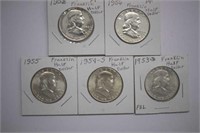 (5) Franklin Half Dollars 1958pf, 56pf, 55au, 54s