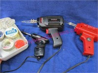 3 soldering irons (guns) & supplies in small tote