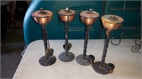 4 TABLETOP OIL LAMPS, COPPER & IRON 11"