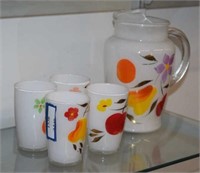 Vtg Hand Painted Glass Pitcher w/ Four Cups