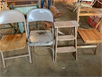 METAL CHAIRS (2), WOODEN STOOL & WOODEN FOLDING