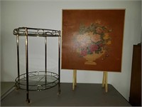 Vintage wood folding table & glass and Brass tea