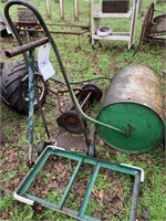 GROUPING: 4 WHEEL DOLLY, VINTAGE LAWN ROLLER, OLD