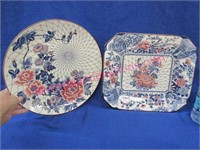 2 nice asian floral platters (blue-red-white)
