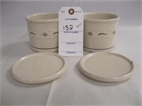 CREAM AND RED SMALL CROCKS WITH LIDS