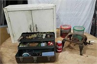 Vintage tackle box, 2-door cabinet, hot plate