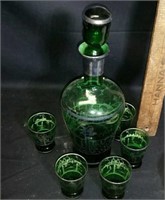 Emerald Green Decanter  With Six Glasses & German