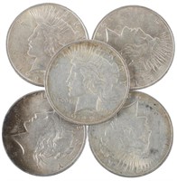 5 $1.00 UNITED STATES SILVER PEACE DOLLARS