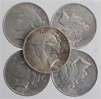 5 $1.00 UNITED STATES SILVER PEACE DOLLARS