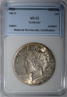 1923 VAM 1D PEACE DOLLAR "SCARFACE"