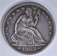 1853 WITH ARROWS & RAYS SEATED HALF DOLLAR, XF