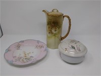 German Floral Plate & Pitcher, Covered Dish