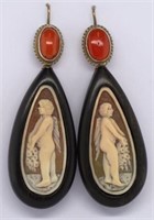 Carved ebony, shell and coral earrings