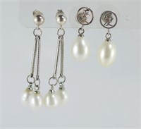 Two pairs of white pearl drop earrings