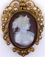 Antique gold/gilt and seed pearl cameo pendant.
