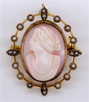 Carved cameo seed pearl and gold brooch