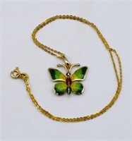 Enamelled gold butterfly pendant and chain