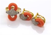 Coral & diamond set 14ct gold ring and earrings