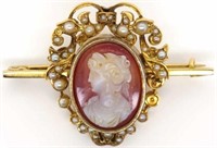 Antique 15ct gold, and seed pearl cameo brooch