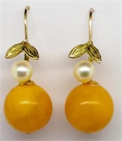 Amber and pearl and gold earrings
