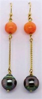 Pearl, coral and 18ct gold drop earrings