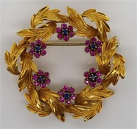 Sapphire, ruby and gold wreath brooch