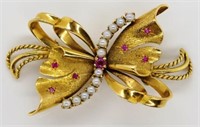 Antique gold seed pearl and ruby brooch