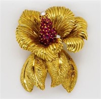 18ct gold ruby and diamond flower brooch