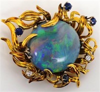 9ct gold, opal, sapphire and diamond brooch.