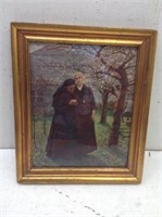 Framed Hand Colored Print of Nun Helping Girl