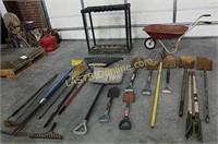 Tool rack, hand tools, wheelbarrow