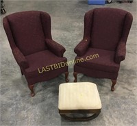 2 upholstered wing back chairs & rocking ottoman