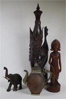 Three wooden figures & a copper teapot