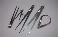 Five vintage hinged metal calipers