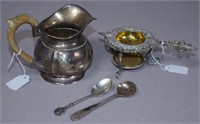 Silver plate tea strainer and milk jug