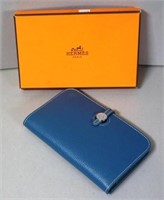 Hermes style "Dogan" blue leather wallet