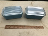 Two Blue Pyrex Containers with Covers