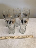 Five Miller Lite Gold Rim Beer Glasses