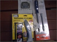 Tote w/tools bits, screwdrivers, razor knives