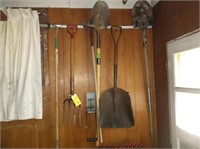 (6) Yard Tools,Fork, Scoop shovel, Shovels w/rack