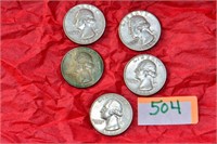 Washington Silver Quarters (5) 1964
