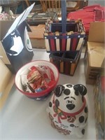 American baskets, bowl, puppy cookie jar