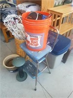 chair, flower pots, bird feeder, pet mate, bucket