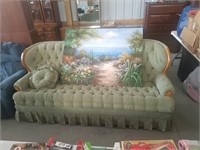 wood trim green couch w/ oil painting