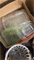 Box of refrigerator glass lids and other