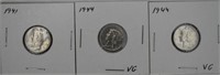 3 Pc. 1941 / 44 / 44 US Mercury Silver Dimes