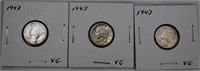 3 Pc. 1943 US Mercury 90% Silver Dimes